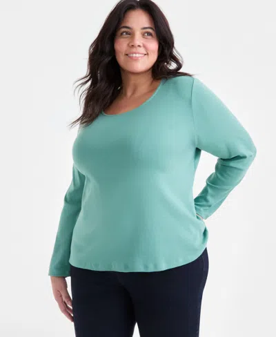 Style & Co Plus Size Scoop-neck Long-sleeve Top, Exclusively For Macy's In Green