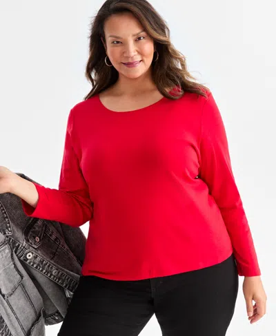 Style & Co Plus Size Scoop-neck Long-sleeve Top, Exclusively For Macy's In Red