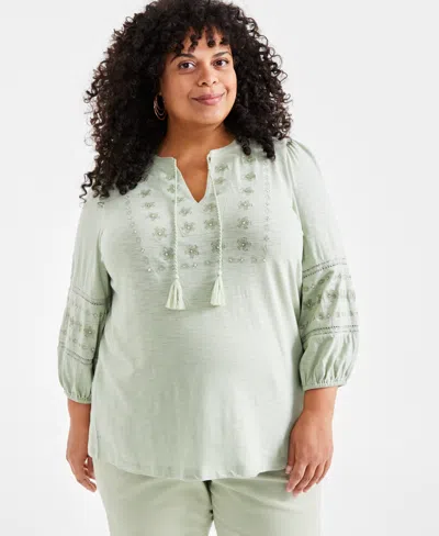Style & Co Plus Size Sequinned Embroidered Top, Created For Macy's In Green