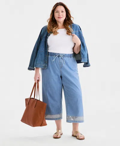 Style & Co Plus Size Sequin-trim High-rise Wide-leg Pants, Macy's Exclusive In Blue