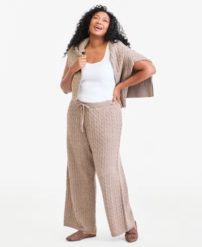Style & Co Plus Size Shine Cable-knit Wide-leg Sweater Pants, Macy's Exclusive In Neutral