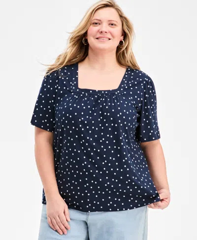 Style & Co Plus Size Short Flutter-sleeve Square-neck Knit Top, Macy's Exclusive In Blue