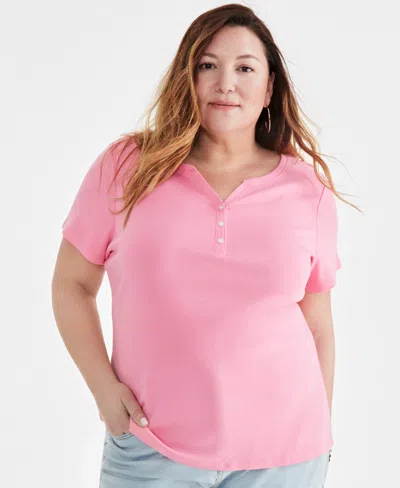 Style & Co Plus Size Short-sleeve Henley Top, Created For Macy's In Pink Stiletto