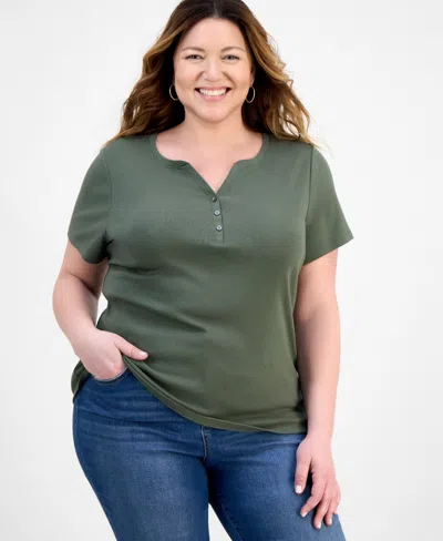Style & Co Plus Size Short-sleeve Henley Top, Exclusively At Macy's In Green