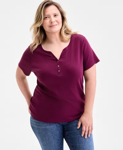Style & Co Plus Size Short-sleeve Henley Top, Exclusively At Macy's In Burgundy