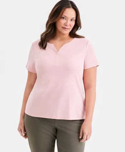 Style & Co Plus Size Short-sleeve Henley Top, Exclusively At Macy's In Pink