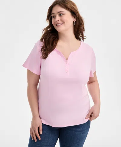 Style & Co Plus Size Short-sleeve Henley Top, Exclusively At Macy's In Pink Heart