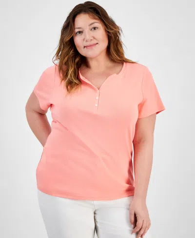 Style & Co Plus Size Short-sleeve Henley Top, Exclusively At Macy's In Salmon Rose