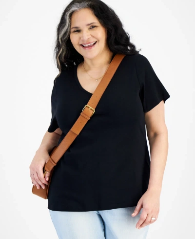 Style & Co Plus Size Short-sleeve V-neck Top, Created For Macy's In Deep Black