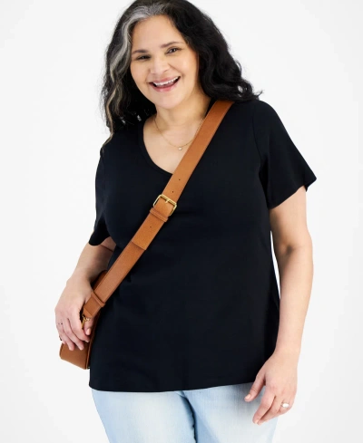 Style & Co Plus Size Short-sleeve V-neck Top, Exclusively At Macy's In Deep Black