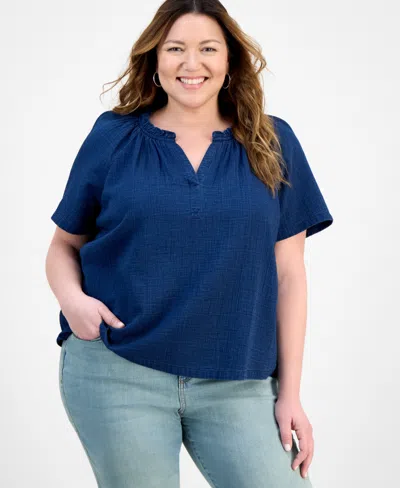 Style & Co Plus Size Short Sleeve V-neck Top, Exclusively At Macy's In Blue