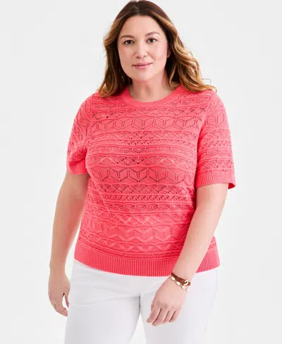 Style & Co Plus Size Short-sleeve Cotton Pointelle Sweater, Macy's Exclusive In Pink