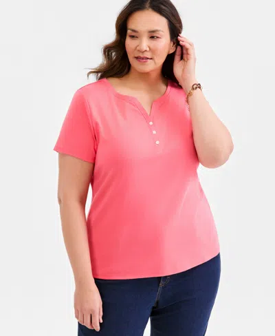 Style & Co Plus Size Short-sleeve Henley Top, Exclusively At Macy's In Pink