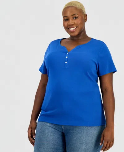 Style & Co Plus Size Short-sleeve Henley Top, Exclusively At Macy's In Blue
