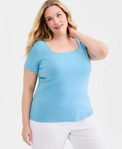 Style & Co Plus Size Short-sleeve Square-neck Tee, Exclusively At Macy's In Blue