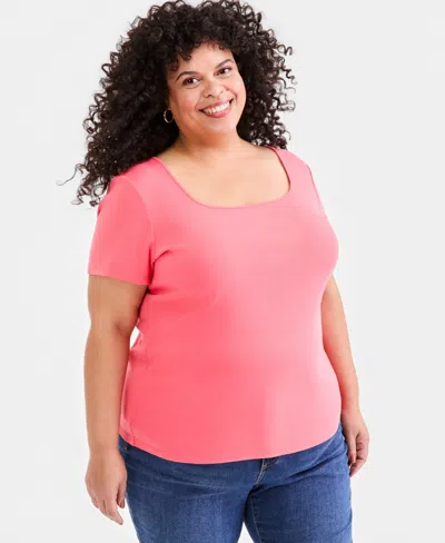 Style & Co Plus Size Short-sleeve Square-neck Tee, Exclusively At Macy's In Pink