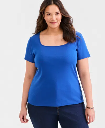 Style & Co Plus Size Short-sleeve Square-neck Tee, Exclusively At Macy's In Blue