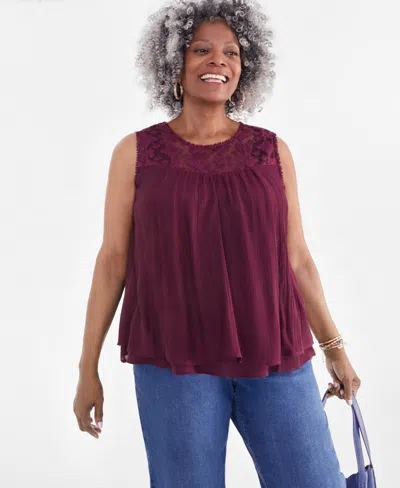 Style & Co Plus Size Sleeveless Embroidered Mesh Tank Top, Created For Macy's In Berriedtreasure