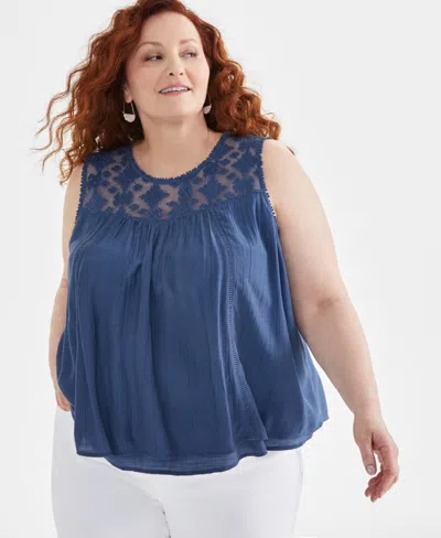 Style & Co Plus Size Sleeveless Embroidered Mesh Tank Top, Created For Macy's In New Uniform Blu