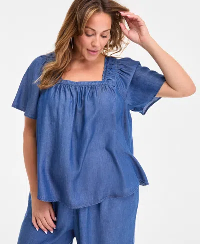 Style & Co Plus Size Smocked-square-neck Short-sleeve Cotton Top, Exclusively At Macy's