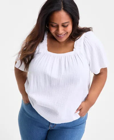 Style & Co Plus Size Smocked-square-neck Short-sleeve Cotton Top, Exclusively At Macy's In White