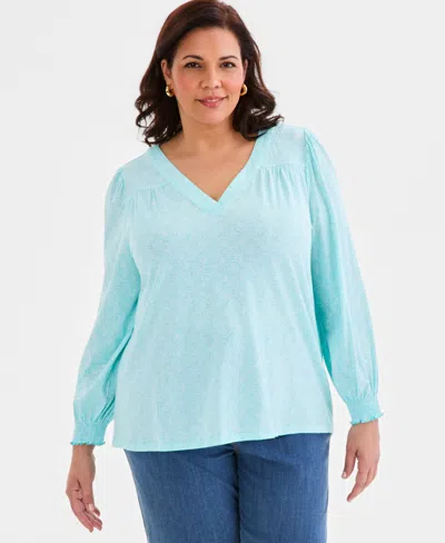 Style & Co Plus Size Smocked-cuff V-neck Top, Macy's Exclusive In Multi