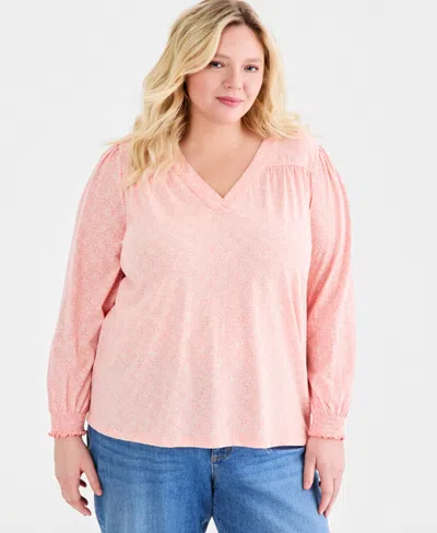 Style & Co Plus Size Smocked-cuff V-neck Top, Macy's Exclusive In Multi