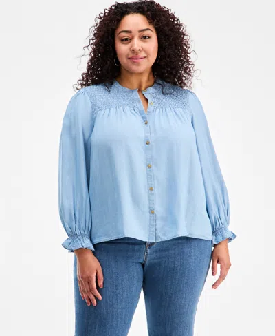 Style & Co Plus Size Smocked-yoke Cotton Chambray Blouse, Macy's Exclusive In Blue