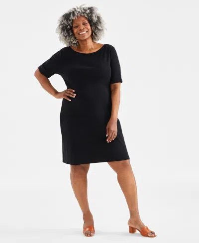 Style & Co Plus Size Solid Boat-neck Dress, Created For Macy's In Deep Black