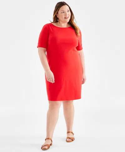 Style & Co Plus Size Solid Boat-neck Dress, Created For Macy's In Gumball Red