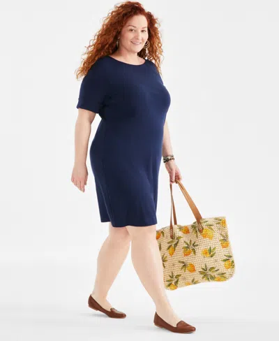 Style & Co Plus Size Solid Boat-neck Dress, Created For Macy's In Industrial Blue