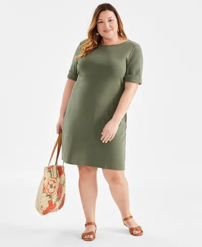 Style & Co Plus Size Solid Boat-neck Dress, Created For Macy's In Oliva