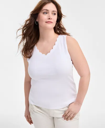 Style & Co Plus Size Solid-color Scalloped V-neck Tank Top, Exclusively At Macy's In Bright White
