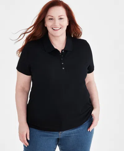 Style & Co Plus Size Solid Cotton Polo Shirt, Created For Macy's In Deep Black