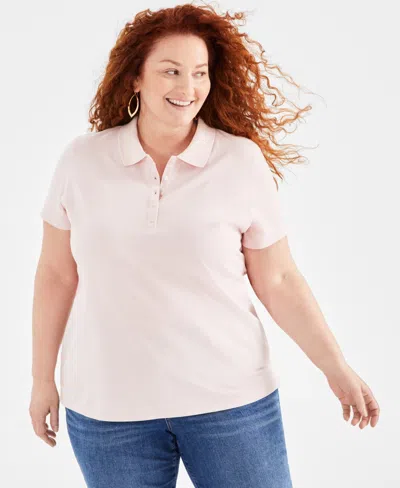 Style & Co Plus Size Solid Cotton Polo Shirt, Created For Macy's In Lotus Pink