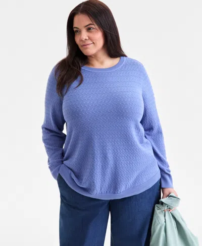 Style & Co Plus Size Cotton Color-block Crewneck Sweater, Macy's Exclusive In Blue