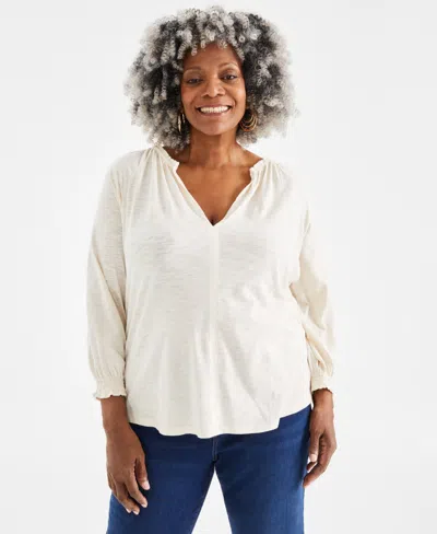 Style & Co Plus Size Solid Gathered V-neck Top, Created For Macy's In Palomino