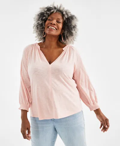 Style & Co Plus Size Solid Gathered V-neck Top, Created For Macy's In Pink Lining
