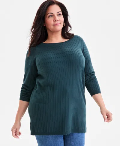 Style & Co Plus Size Solid Long-sleeve Sweater, Macy's Exclusive In Green