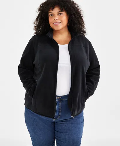 Style & Co Plus Size Solid Polar Fleece Zip-front Jacket, Created For Macy's In Deep Black
