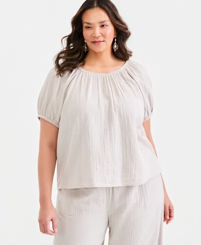 Style & Co Plus Size Solid Scoop-neck Cotton Gauze Top, Macy's Exclusive In Gray