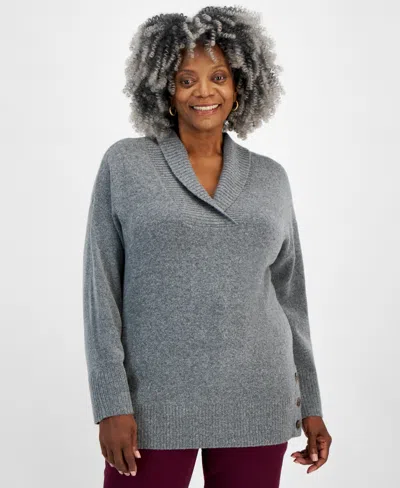 Style & Co Plus Size Solid Shawl-collar Tunic Sweater, Created For  In Medium Grey Heather