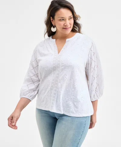 Style & Co Plus Size Solid Split-neck Eyelet Top, Exclusively At Macy's In White