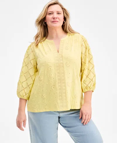 Style & Co Plus Size Solid Split-neck Eyelet Top, Exclusively At Macy's In Yellow