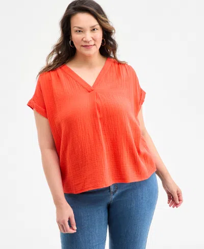 Style & Co Plus Size Solid V-neck Camp Shirt, Exclusively At Macy's In Atomic Orange