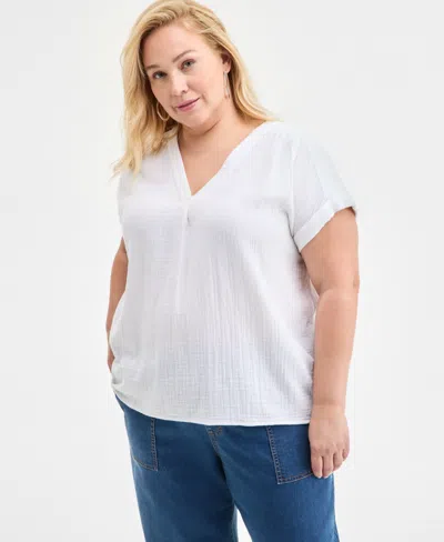 Style & Co Plus Size Solid V-neck Camp Shirt, Exclusively At Macy's In Bright White