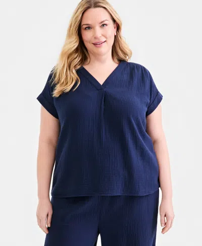 Style & Co Plus Size Solid V-neck Camp Shirt, Exclusively At Macy's In Blue