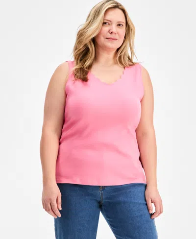 Style & Co Plus Size Solid-color Scalloped V-neck Tank Top, Exclusively At Macy's In Pink