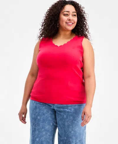 Style & Co Plus Size Solid-color Scalloped V-neck Tank Top, Exclusively At Macy's In Red