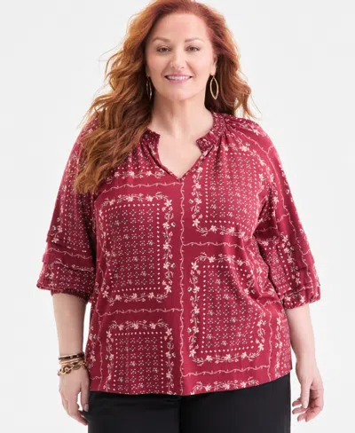 Style & Co Plus Size Split-neck 3/4-sleeve Top, Macy's Exclusive In Burgundy